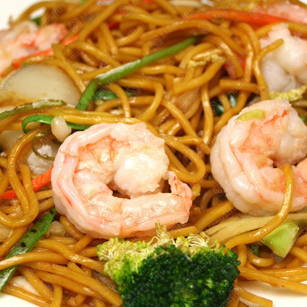Shrimp fried noodles with broccoli and veggies at Asian Palace II, a Chinese Restaurant in Bangor